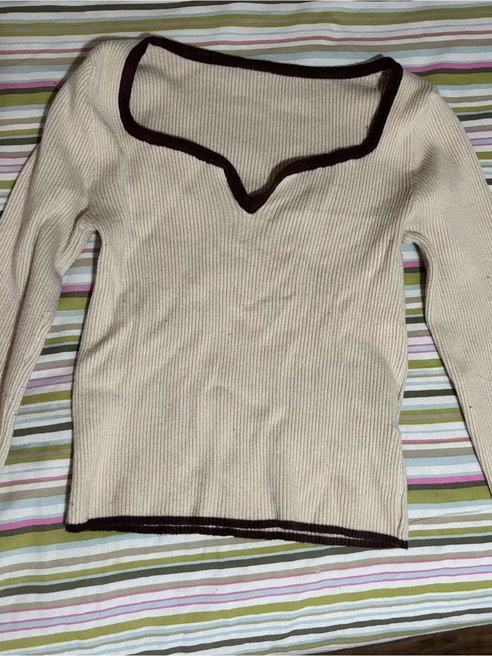 Cream Ribbed Long Sleeve Top with Chocolate Trim